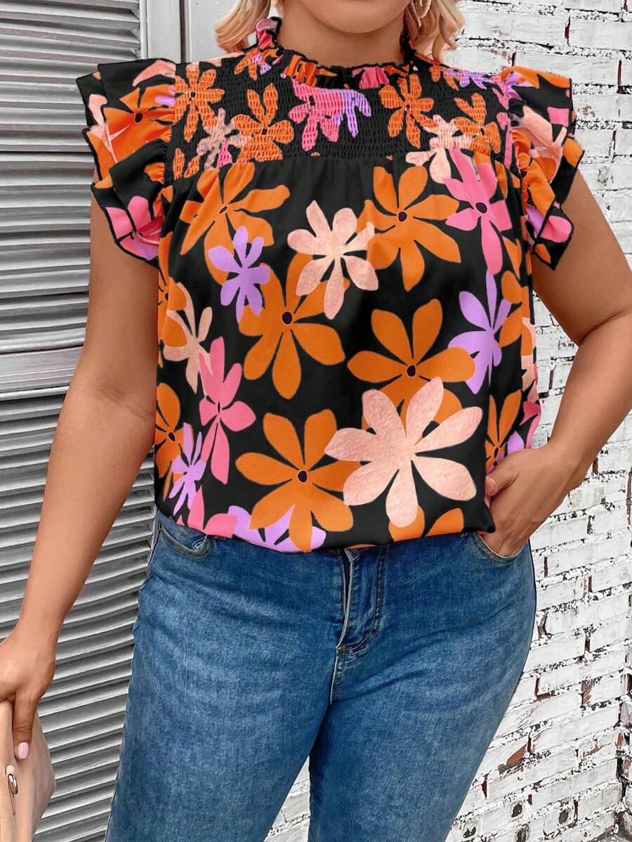 SHEIN LUNE Summer Plus Size Allover Print Shirred Ruffle Hem Blouse - Multicolor - View 1