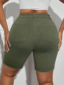 SHEIN SXY Quần short denim rách viền Plus Size, Hợp thời trang và đa năng - xanh quân đội - Xem 2