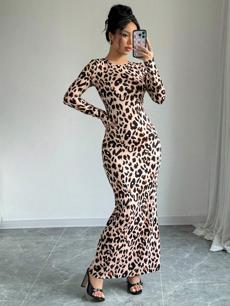 Leopard Print Round Neck Sexy Long Skirt