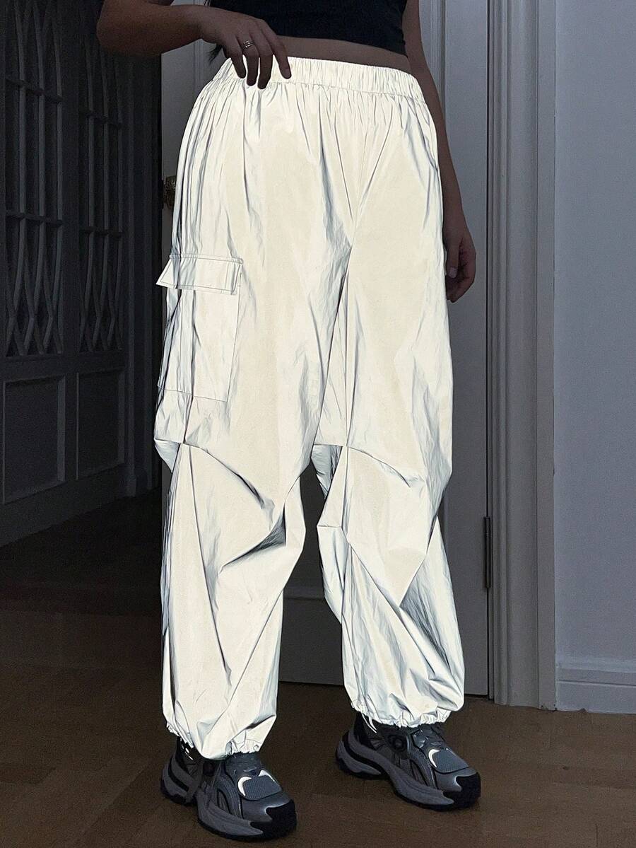 SHEIN EZwear Women's Plus Size Reflective Parachute Material Cargo Parachute Baggy Pants - Grey - View 1