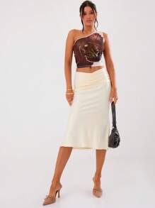 MUSERA Satin High Waisted Midi Ruched Skirt Boho Summer Cute Chic Elegant - Yellow - View 3