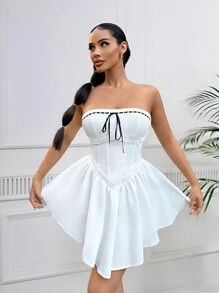 SHEIN SXY Ladies' Color-Block Strapless Asymmetrical Hem Jumpsuit With Wireless Design For Summer - White - View 3