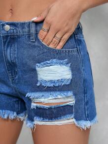 SHEIN Tall Women's Low-Rise Distressed Denim Shorts, Summer Clothing For Tall Women, Country Music Festival And Carnival Clothing, Frayed Hemline, Blue