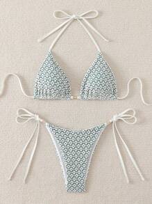 Swim Mod Ditsy Floral Print Halter Triangle Bikini Set Summer - Green - View 3