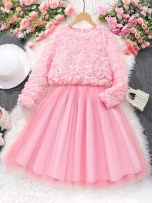 SHEIN Tween Girls Pink 3D Flower Mesh Dress - Pink - View 1