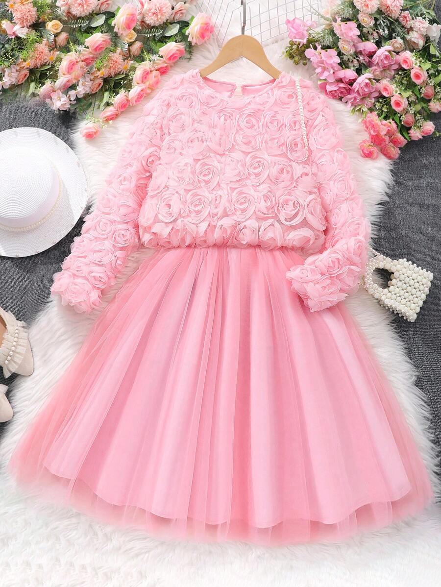 SHEIN Tween Girls Pink 3D Flower Mesh Dress - Pink - View 1