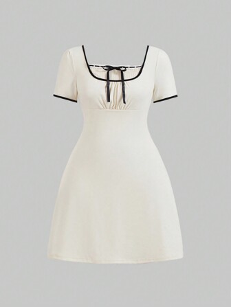 Kawaii Vestido de talla grande con cuello cuadrado de contraste y decoración de lazo para mujeres, verano