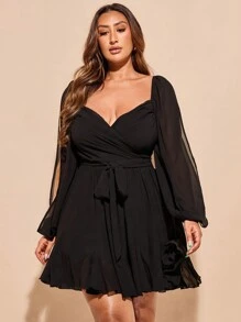 SHEIN BAE 大码女式黑色纯色沙滩度假日常约会性感简约雪纺连衣裙，深V领口，蝴蝶结系带，开衩灯笼袖 - 黑色 - 查看 7