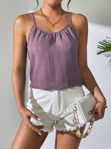 SHEIN LUNE Áo hai dây xếp li thông thường màu trơn mùa hè dành cho nữ - Màu tím hoa cà - Xem 4
