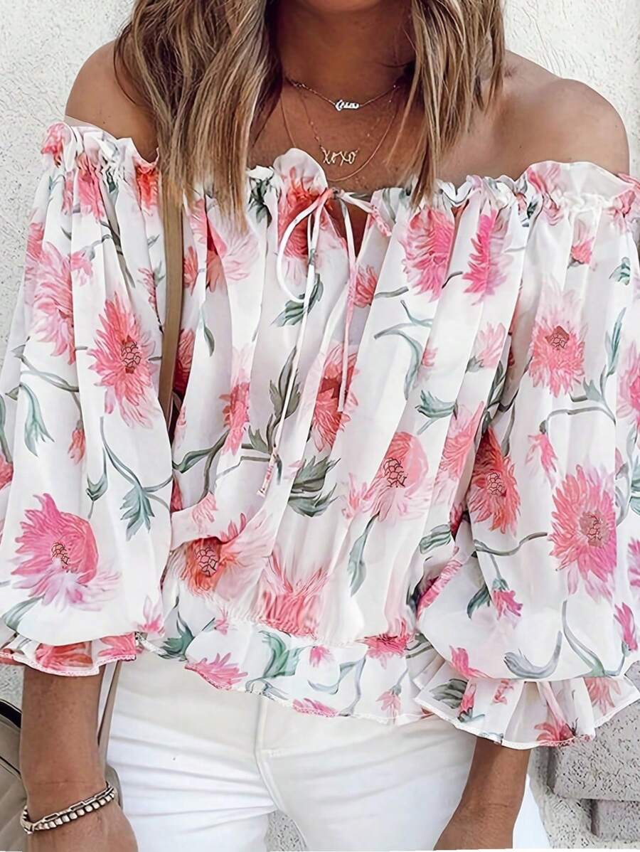 SHEIN Clasi Off-Shoulder Plus Size Floral Blouse - Multicolor - View 1