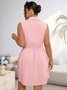 Calvaya Váy sơ mi nữ không tay một hàng khuy màu trơn cỡ lớn, mùa hè - Hồng - Xem 2