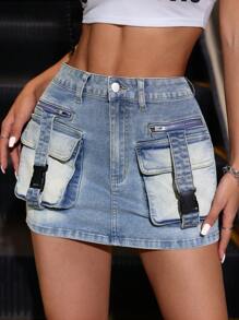 SHEIN ICON 復古口袋設計夏季工裝牛仔裙 - 中等水洗藍 - 查看 3