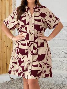 EMERY ROSE Robe chemise décontractée avec motif géométrique à manches courtes pour femme grande taille, été - Rouge foncé - Voir 5