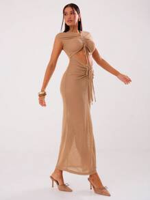 MUSERA 镂空褶皱长款连衣裙，优雅春夏度假派对长裙，毕业舞会礼服 - 咖啡 - 查看 3