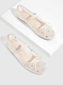 CUCCOO DOLLMOD 时尚女士鞋米色网眼和水钻芭蕾平底鞋,带蝴蝶结细节,适合夏季度假鞋夏季促销优雅平底鞋圣诞节秋季新年假期 - 杏色 - 查看 7