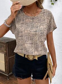 SHEIN LUNE Áo cánh mùa hè cổ tròn viền bèo nhún màu tương phản cho nữ, áo tay ngắn - Nhiều màu - Xem 5