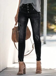 Quần jean nữ dáng ôm, cài cúc đơn, xẻ tà cao, phong cách vintage, màu đen, thích hợp cho mùa xuân. - màu đen - Xem 1