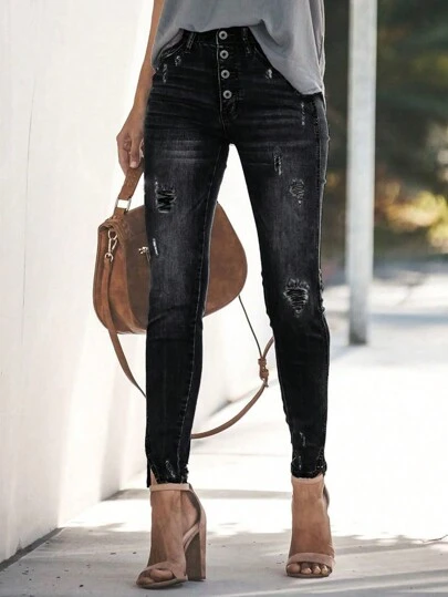 女士复古做旧修身单排扣高开衩牛仔裤，休闲黑色