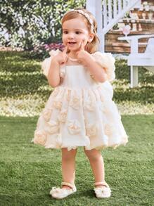 SHEIN Glamorique Kids 女婴优雅花童连衣裙，非常适合生日派对和节日，具有泡泡袖，杏色，3D 玫瑰，时尚别致的大蝴蝶结，优雅的薄纱，非常适合钢琴表演、晚会和表演，一岁