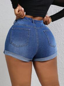 SHEIN SXY Cộng với quần short denim cạp cao rách viền cuộn - Màu xanh lam - Xem 2
