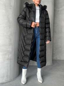 SHEIN PETITE Petite Zip Up Hooded Puffer Coat - Black - View 1