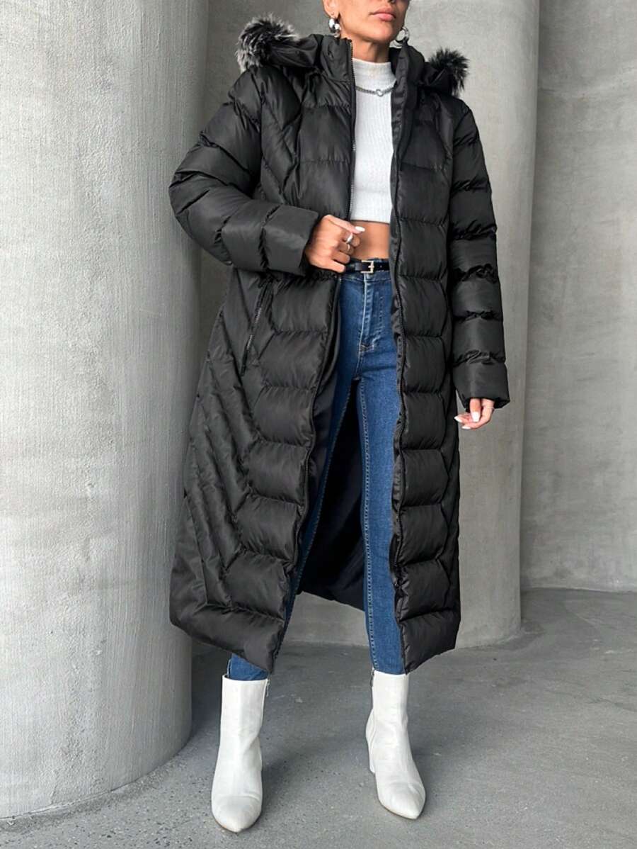 SHEIN PETITE Petite Zip Up Hooded Puffer Coat - Black - View 1