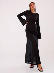 MUSERA 轻薄长袖船领长款连衣裙，优雅，春夏长裙，毕业舞会礼服 - 黑色 - 查看 4