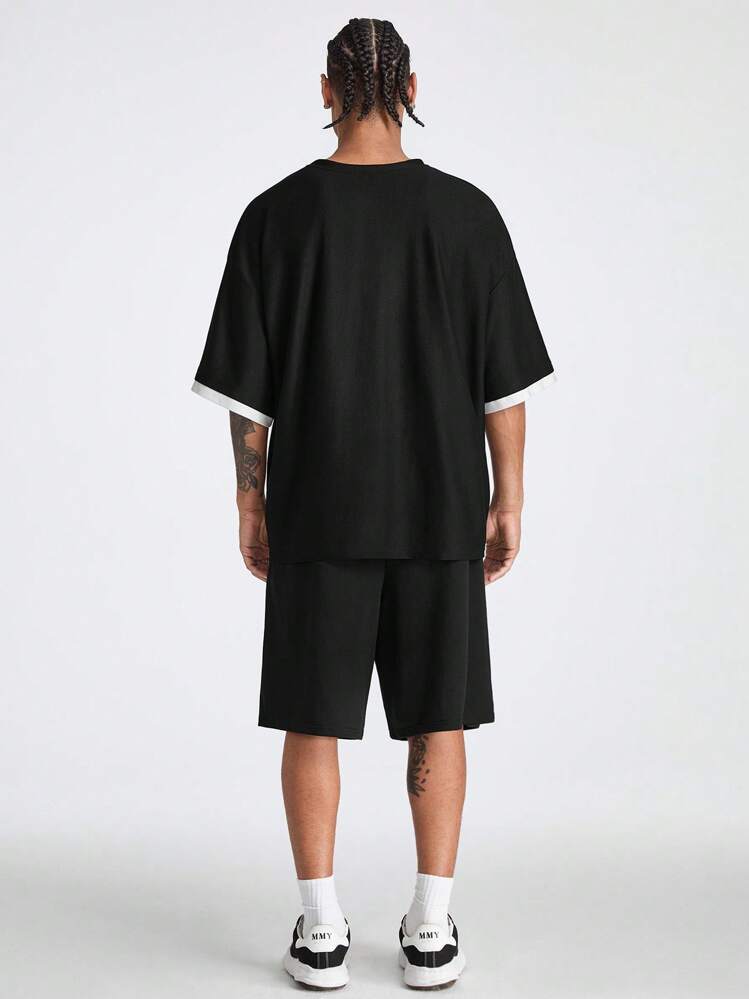 Manfinity VCAY Men's Printed Loose Short Sleeve T-Shirt Set With English Graphics, Suitable For Summer - Black - View 2