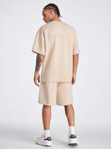 Manfinity VCAY 男士寬鬆圓領短袖T恤，繡有英文字母，適合夏季 - 杏色 - 查看 7