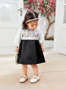 Baby Girls' Autumn Ladylike Lantern Sleeve Embossed Jacquard Black And White Party Dress - Multicolor - View 5