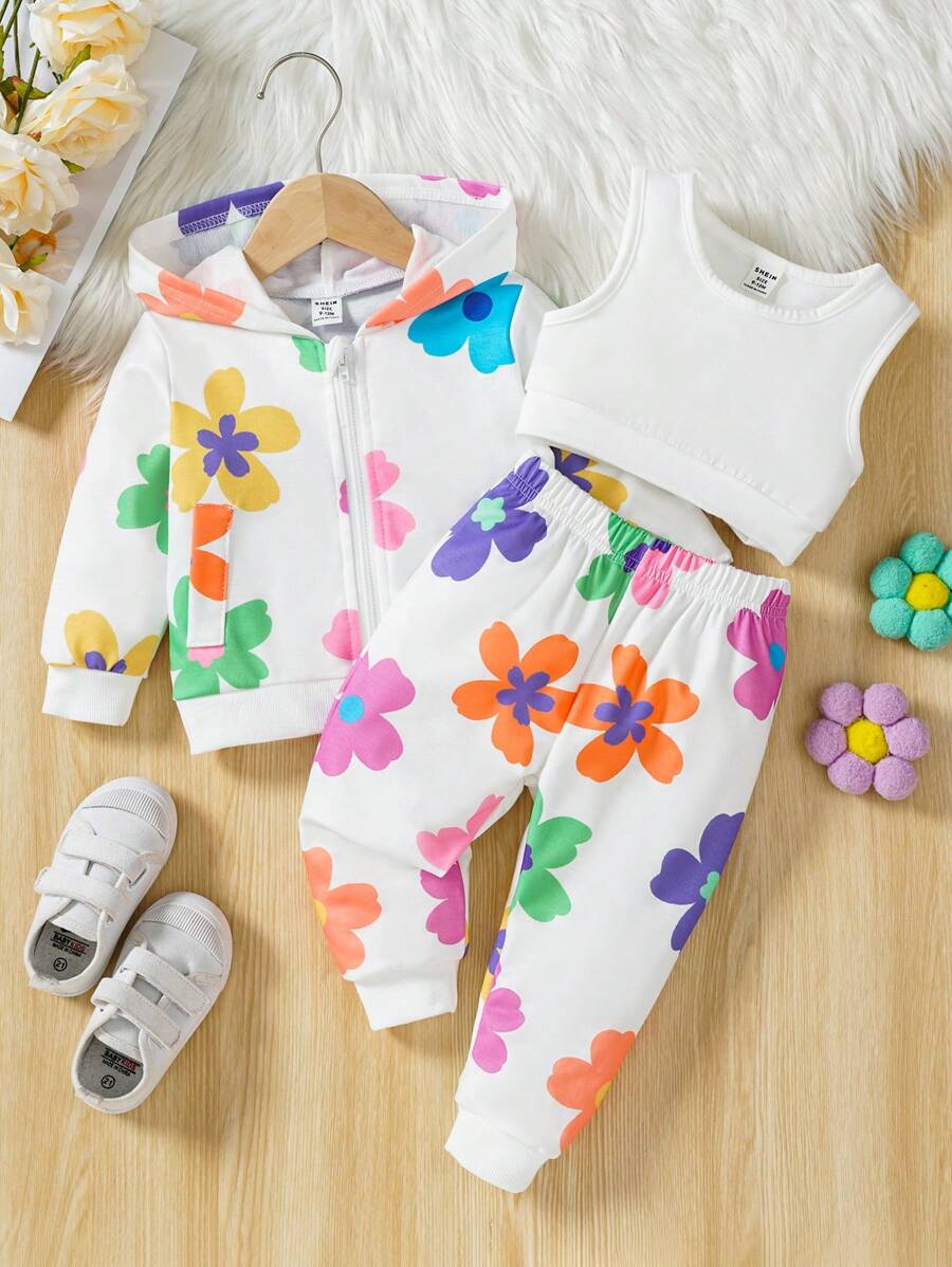 Baby Girls Solid Tank Top & Floral Print Hoodie & Sweatpants For Spring & Autumn