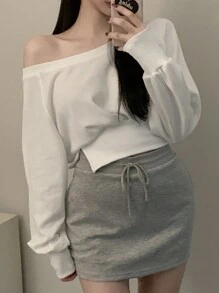 DAZY 女士短款露肩腰带卫衣，秋季可爱上衣 - 白色 - 查看 4