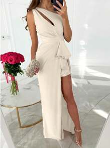 SHEIN Privé Women Elegant White Summer Seductive Party One-Shoulder Hollow Out Ruched Ruffle Overlay Dress,Elegant Commuter Casual Work Business Office Dresses - Apricot - View 3