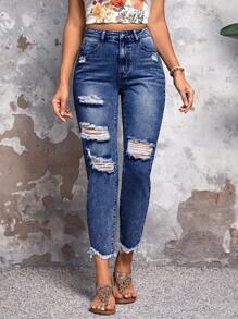 SHEIN LUNE Pantalones vaqueros informales en forma de cono con efecto desgastado, lavados - Azul lavado oscuro - Ver 1