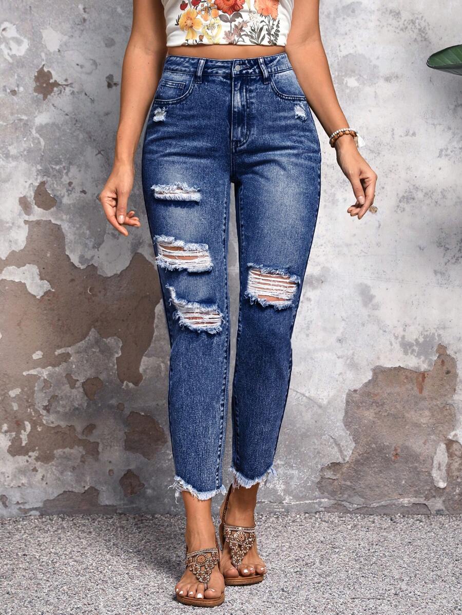 SHEIN LUNE Pantalones vaqueros informales en forma de cono con efecto desgastado, lavados - Azul lavado oscuro - Ver 1