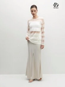 BizChic Áo len sọc xuyên thấu thông thường dành cho nữ - Màu be - Xem 5