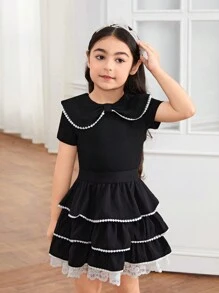 Young Girl Knitted Solid Color Bowknot Top And Woven Mesh Skirt Two Pieces Set - Black - View 1