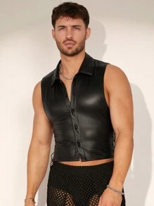 FeverCity Men's Short Tight Sexy Plain Sleeveless Polo Neck Tank Top, Suitable For Summer, Rave, Party - Black - View 2