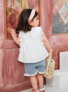 Blusa con volantes y bordado de ojales para bebé niña con cuello en V - Blanco - Ver 2