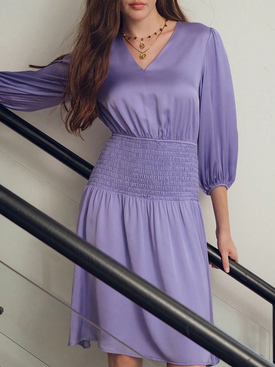 SHIRRED WAIST LANTERN SLEEVE DRESS