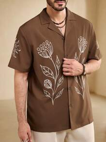 Manfinity RelaxMax 男士夏季花卉印花短袖休閒舒適襯衫 - 卡其色 - 查看 8