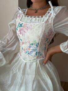 女士蝴蝶結腰帶裝飾長袖修身上衣 - 彩色 - 查看 5