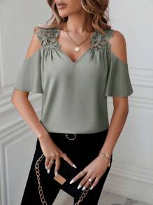 SHEIN Clasi Solid Color Lace Patchwork Open Shoulder Women's Summer Blouse - Olive Green - View 6