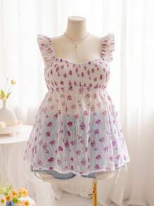 Soleia Áo sơ mi có họa tiết hoa màu xanh và trắng có eo đàn hồi và đường viền xù, áo đi nghỉ lãng mạn dành cho phụ nữ ngoại cỡ - Màu tím hoa cà - Xem 3