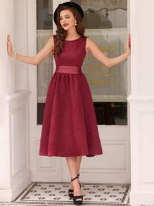 Vintamour Vestido de verano elegante y vintage para mujer con silueta ajustada y acampanada, vestido de paraguas de jacquard, con cinturón y detalles de lazo, vestido de verano para mujeres, vestido de chaleco, vestido de concierto para mujeres, vestido de boda para mujeres, vestido burdeos, atuendos de despedida de soltera, vestido de profesora, atuendos para salir, vestidos rojos para mujeres, vestidos de regreso a casa, vestido de fiesta/graduación - Burdeos - Ver 5