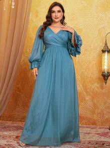 加大码前后 V 领灯笼袖纯色连衣裙，配腰部褶皱，雪丝雪纺，大摆裙，伴娘服 - 霧霾藍 - 查看 1