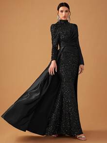 YISIKADO Women Formal Evening Gown Elegant Sequin Patchwork Satin Stand Collar Long Sleeve Dress Black Prom Wedding Guest Dress, For Graduation, Dinner Party Dress