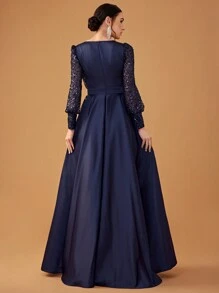 YISIKADO 女士亮片撞色缎面正式晚礼服优雅舞会礼服圆领长袖端庄长裙婚礼宾客晚宴毕业