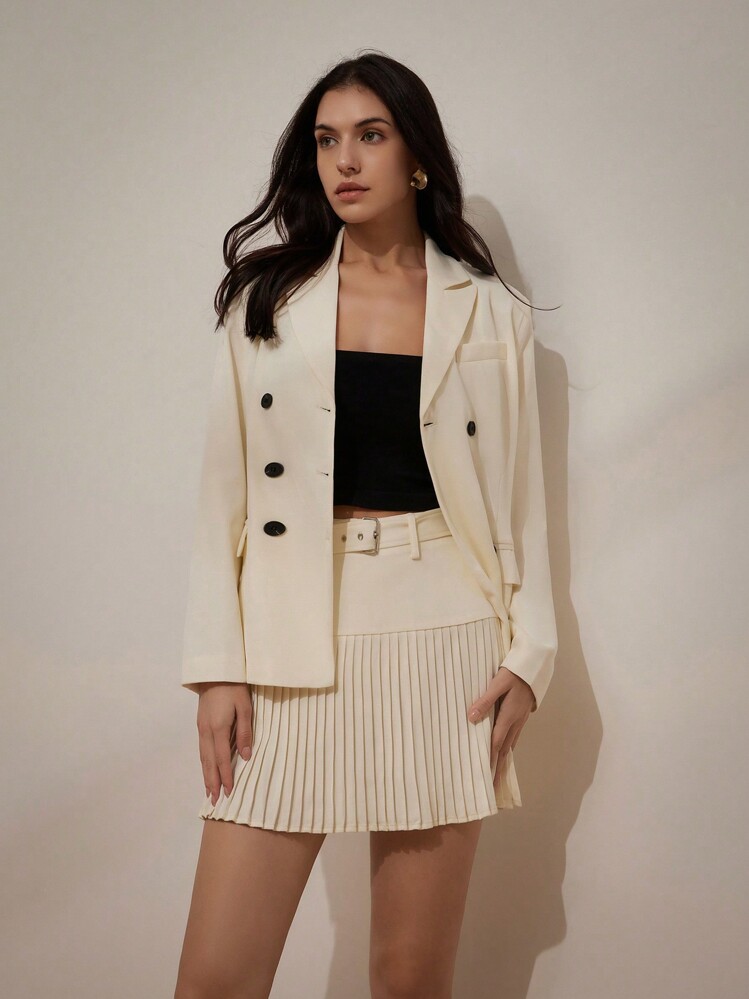 Aveloria Modichic Conjunto de chaqueta de traje con cuello, doble botonadura, cinturón y falda corta plisada en línea A - Beis - Añade 5