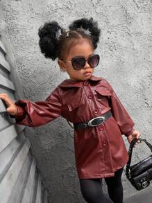 嬰兒女孩秋冬季PU啡紅色酷街風復古休閒日常優雅外套 - 彩色 - 查看 1